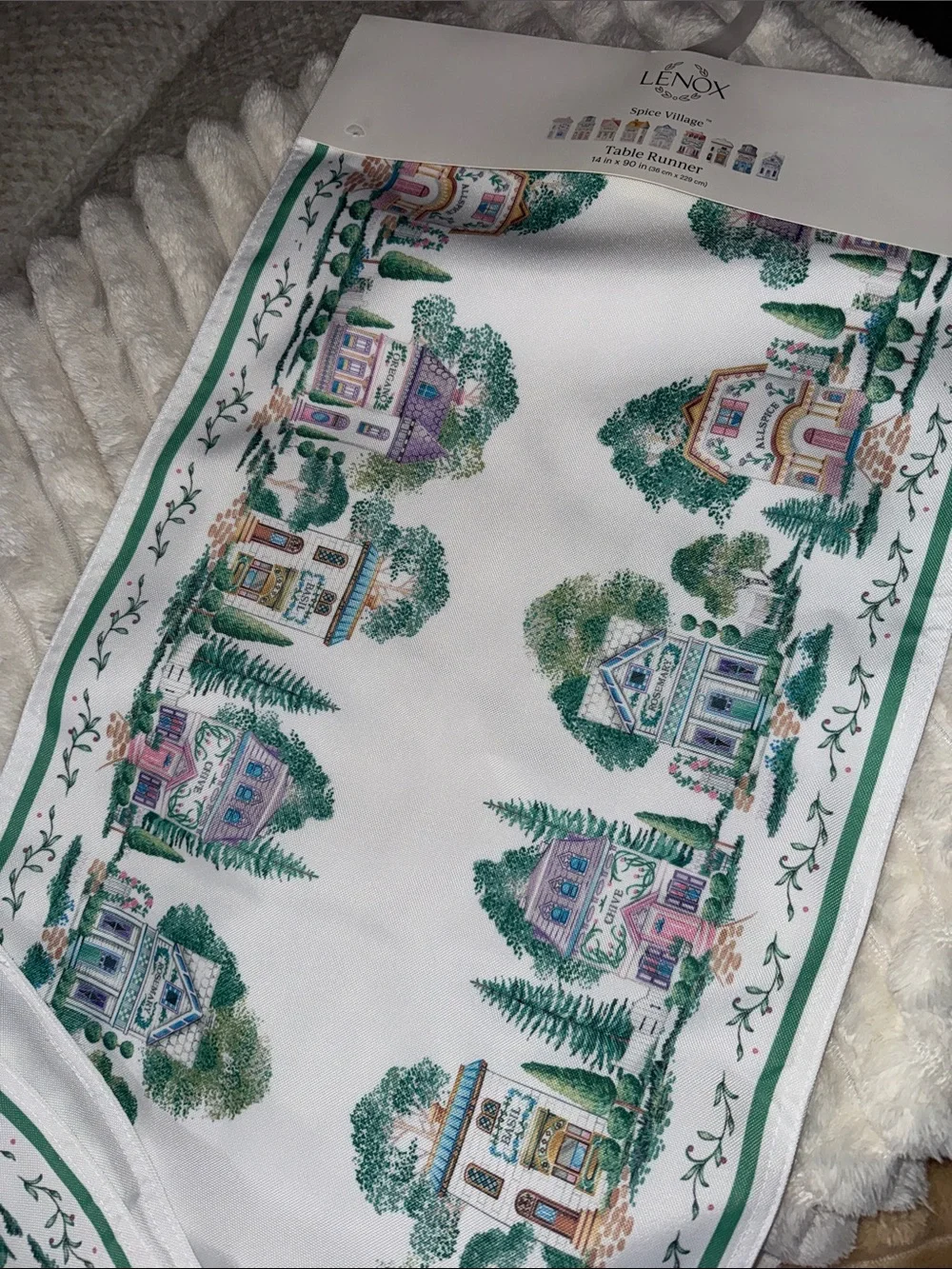 Lenox Spice VillageWhite & Green Scenic Village Table Runner with Pastel Accents